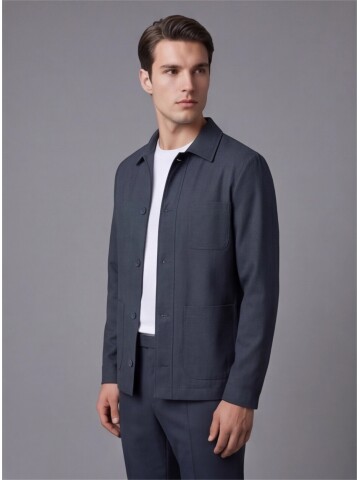 Dark Blue Shirt Collar Buttoned Patch Pocket Suit