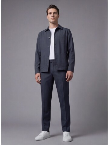 Dark Blue Shirt Collar Buttoned Patch Pocket Suit