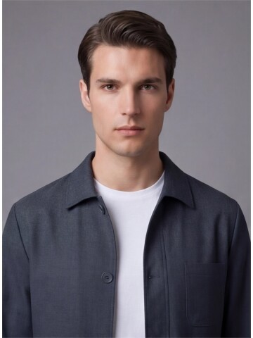 Dark Blue Shirt Collar Buttoned Patch Pocket Suit