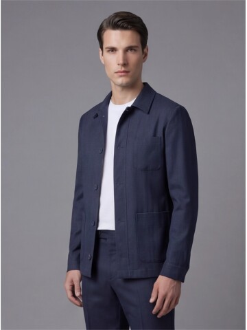 Navy Blue Shirt Collar Buttoned Patch Pocket Suit