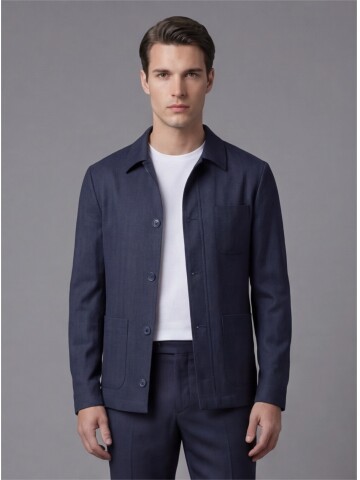 Navy Blue Shirt Collar Buttoned Patch Pocket Suit