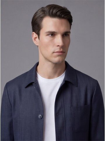 Navy Blue Shirt Collar Buttoned Patch Pocket Suit