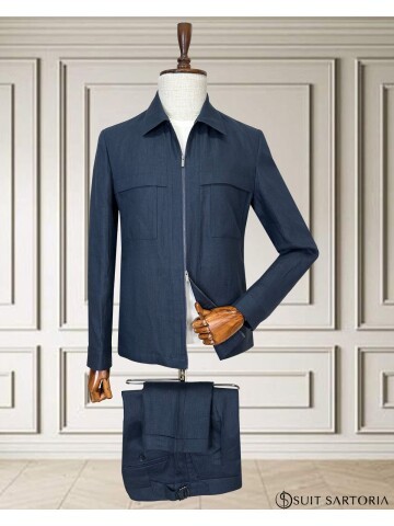 Koyu Mavi Keten Safari Takım Elbise