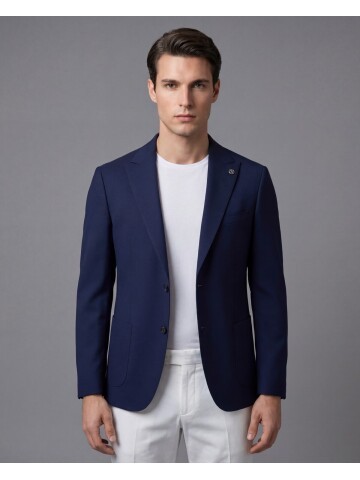 Dark Blue Peak Lapel Patch Pocket Comfort Fit Blazer