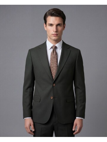 Koyu Yeşil Mono Yaka İki Düğmeli Takım Elbise