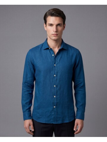 Koyu Yeşil Premium Keten Regular Fit Uzun Kollu Gömlek