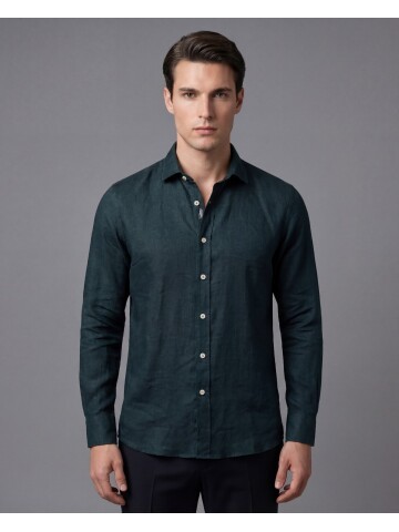Koyu Yeşil Premium Keten Regular Fit Uzun Kollu Gömlek