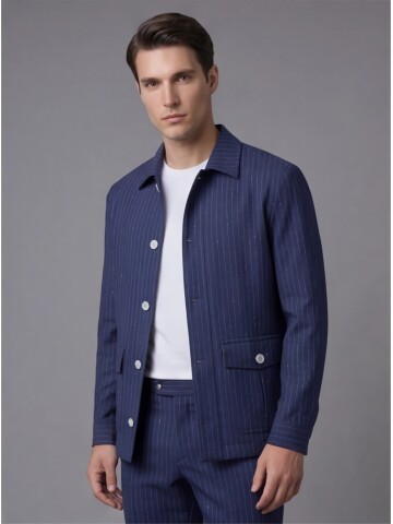 Navy Pinstripe Shirt Collar Buttoned Patch Pocket Suit