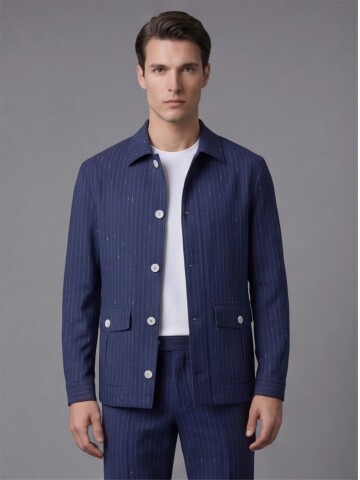 Navy Pinstripe Shirt Collar Buttoned Patch Pocket Suit