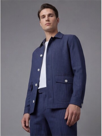 Navy Pinstripe Shirt Collar Buttoned Patch Pocket Suit