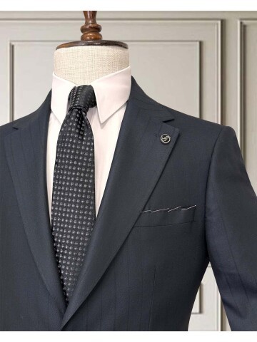 Navy Blue Pinstripe Two-Button Suit - Notch Lapel with Pick Stitching Detail