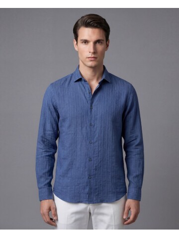 Lacivert Çizgili Regular Fit Uzun Kollu Gömlek