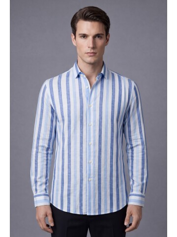 Lacivert Çizgili Regular Fit Uzun Kollu Gömlek