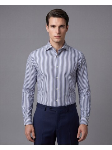 Lacivert Çizgili Slim Fit Uzun Kollu Klasik Yaka Erkek Gömlek