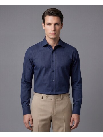 Lacivert Çizgili Uzun Kollu Slim Fit Sivri Yaka Gömlek
