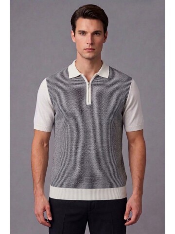 Lacivert Desenli Fermuarlı Polo Yaka Kısa Kollu Triko