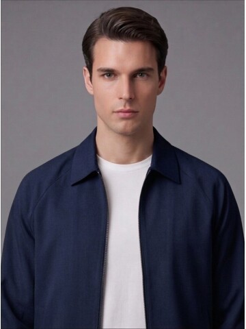 Navy Blue Zip-Up Shirt Collar Smart Casual Suit