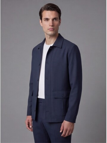 Navy Blue Shirt Collar Buttoned Patch Pocket Suit