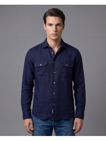 Lacivert Keten Kapaklı Cep Regular Fit Uzun Kollu Gömlek