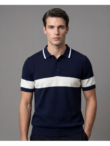 Lacivert Polo Yaka Blok Çizgili 3 Düğmeli Triko Tişört