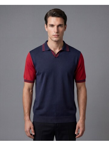 Lacivert Polo Yaka Kontrast Kollu Triko Tişört