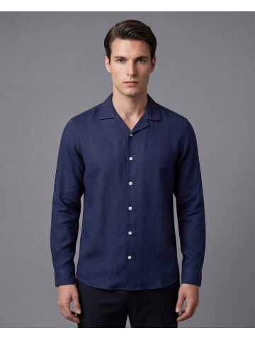 Lacivert Regular Kalıp %100 Keten Uzun Kollu Gömlek