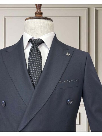 Navy Blue Peak Lapel Double-Breasted Suit with Pick Stitching