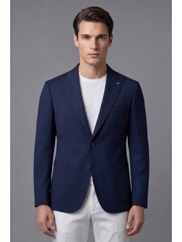 Navy Blue Peak Lapel Patch Pocket Comfort Fit Blazer