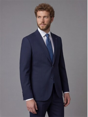 Navy Blue Slim Fit Notch Lapel Suit with Patch Pockets