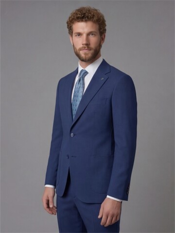 Slim Fit Navy Blue Notch Lapel Suit with Patch Pockets