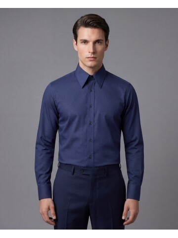 Lacivert Slim Fit Sivri Yaka Uzun Kollu Gömlek