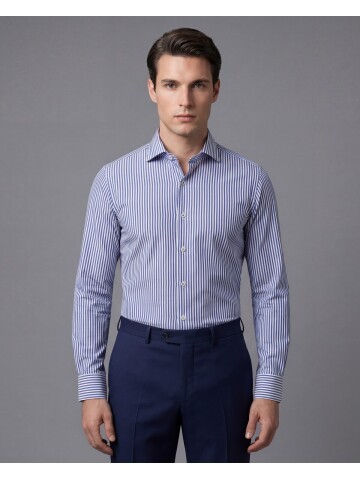 Mavi Çizgili Slim Fit Uzun Kollu Klasik Yaka Erkek Gömlek