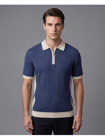 Mavi Fermuarlı Polo Yaka Baklava Desenli Triko Tişört