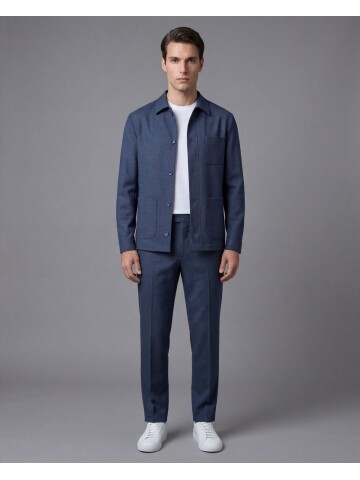 Mavi Gömlek Yaka Düğmeli Torba Cepli Takım