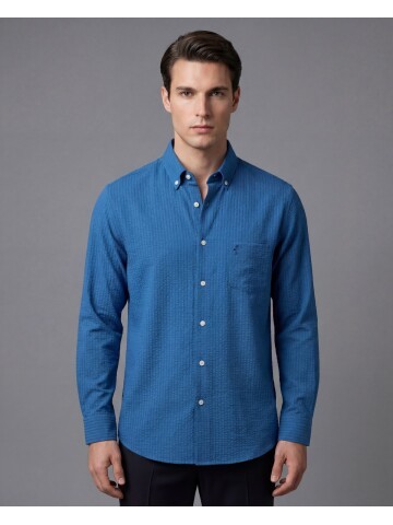 Mavi Kendinden Desenli Slim Fit Uzun Kollu Gömlek