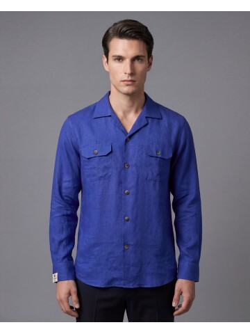 Mavi Keten Kapaklı Cep Regular Fit Uzun Kollu Gömlek