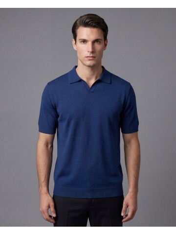 Mavi Polo Yaka Kendinden Desenli Kısa Kollu Triko Tişört