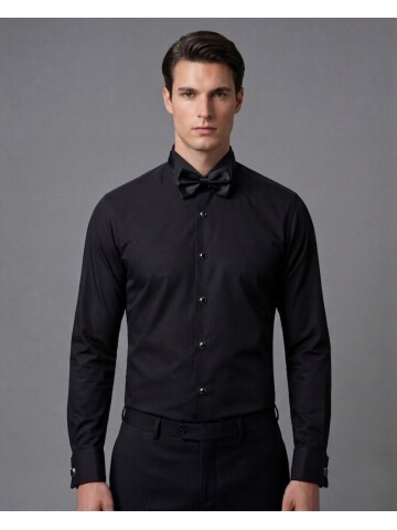 Siyah Ata Yaka Metal Düğmeli Damatlık Gömlek