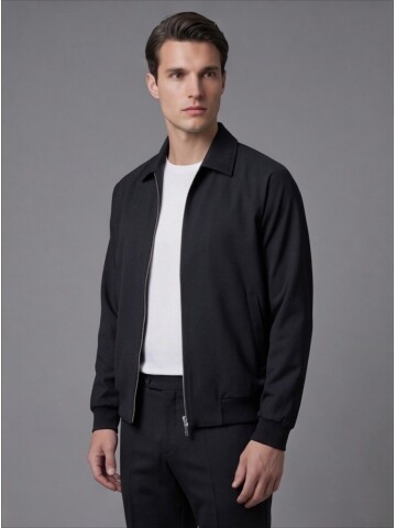 Black Zip-Up Shirt Collar Smart Casual Suit