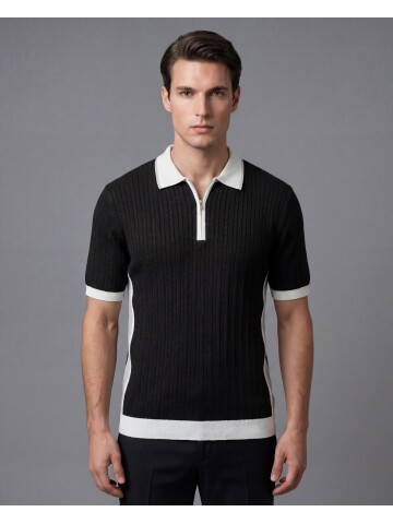 Siyah Fermuarlı Polo Yaka Baklava Desenli Triko Tişört