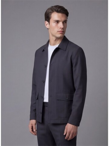 Black Shirt Collar Buttoned Patch Pocket Suit
