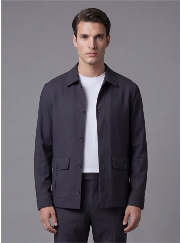 Black Shirt Collar Buttoned Patch Pocket Suit