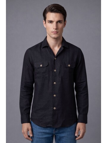 Siyah Keten Kapaklı Cep Regular Fit Uzun Kollu Gömlek