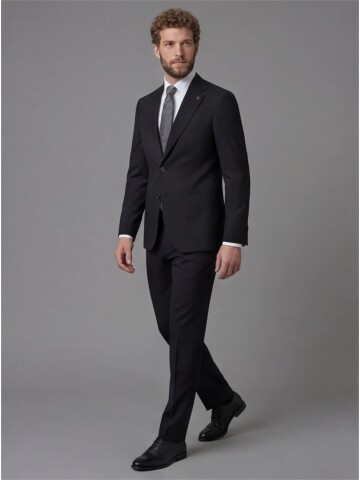 Black Slim Fit Notch Lapel Suit with Patch Pockets