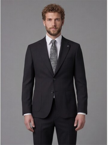 Black Slim Fit Notch Lapel Suit with Patch Pockets