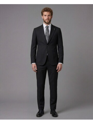 Black Slim Fit Notch Lapel Suit with Patch Pockets