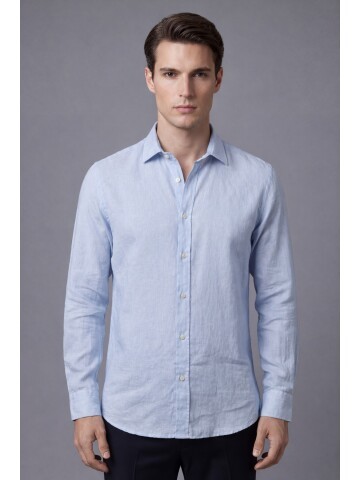 Açık Mavi Premium Keten Regular Fit Uzun Kollu Gömlek