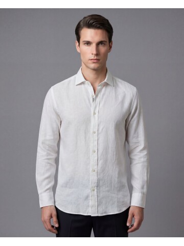 Bej Premium Keten Regular Fit Uzun Kollu Gömlek