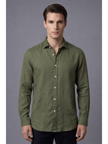 Haki Premium Keten Regular Fit Uzun Kollu Gömlek