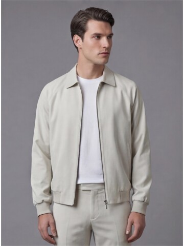 Stone Colored Zip-Up Shirt Collar Smart Tracksuit